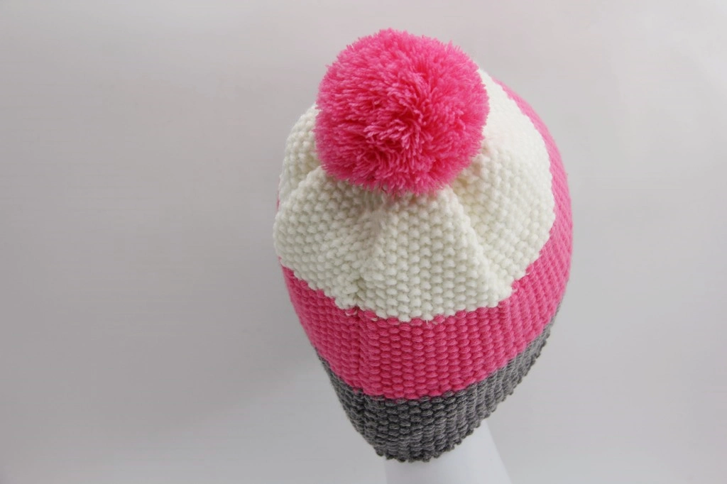 Knitted Winter Child Hat with Three Colors Yarn Top with Yarn Pompon