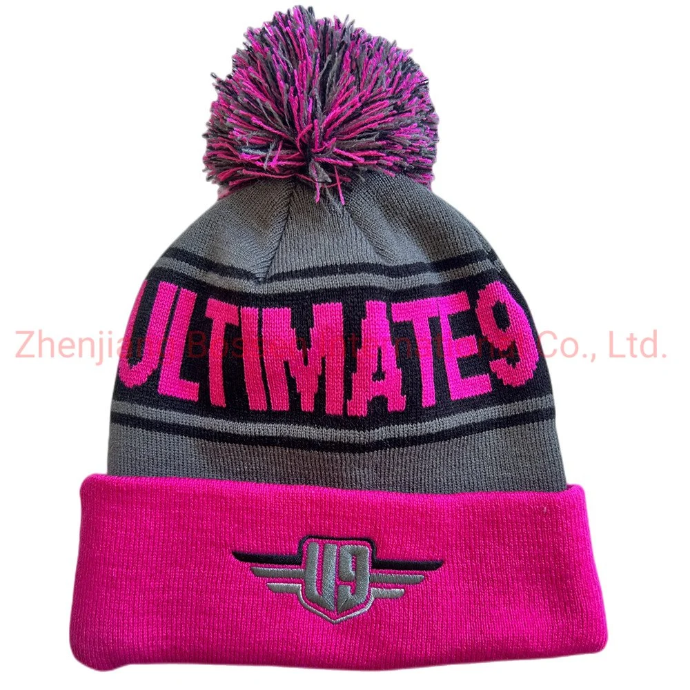 China Beanie Factory OEM Custom Logo Embroidered Winter Snowboard Camping Knitted Acrylic Pompom Beanie Hat