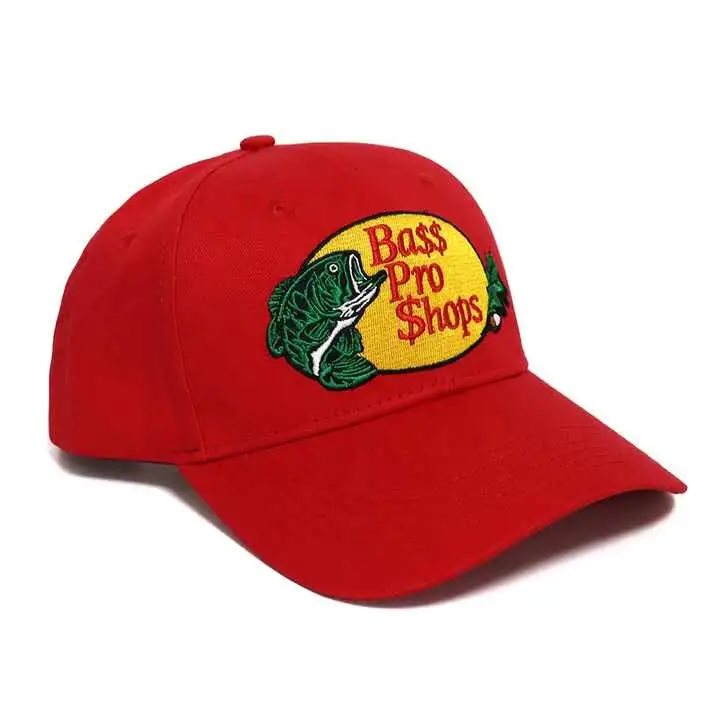 Custom 100% Cotton Red Color 6 Panel Baseball Cap Hat Fish Cap Gorras 3D Embroidered Logo Outdoor Sports Fishing Hats