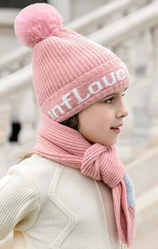 2 in 1 Scarf and Hat Set Girls&prime; Jacquard Winter Warm POM POM Woolen Beanie Hat