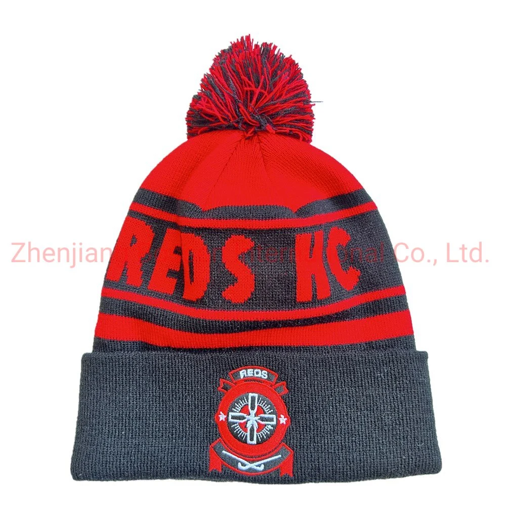 China Beanie Factory OEM Custom Logo Embroidered Winter Snowboard Camping Knitted Acrylic Pompom Beanie Hat