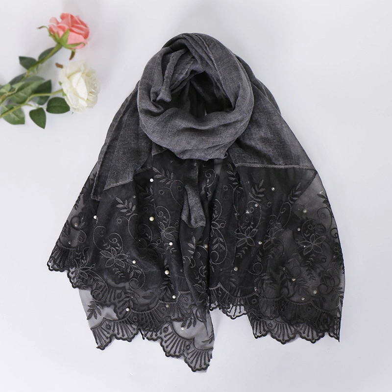 New Style Cotton Lace Fashion Nail Pearl Comfortable Custom Solid Color Polyester Hijab Shawl Lady Scarf