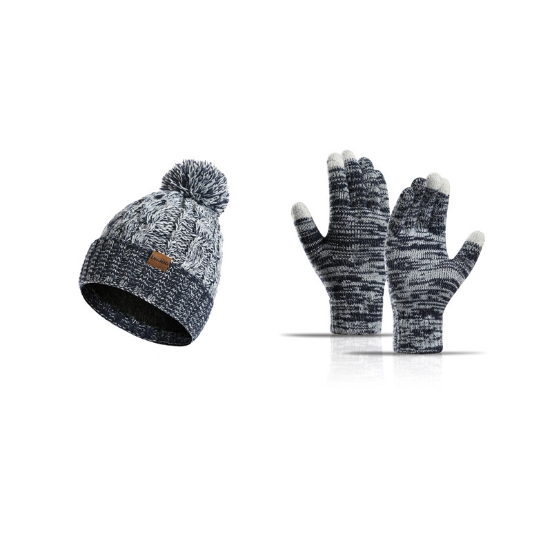 Autumn Winter Knitted Wool Thickened Touch Screen Three-Piece Set Hats Gloves Scarf