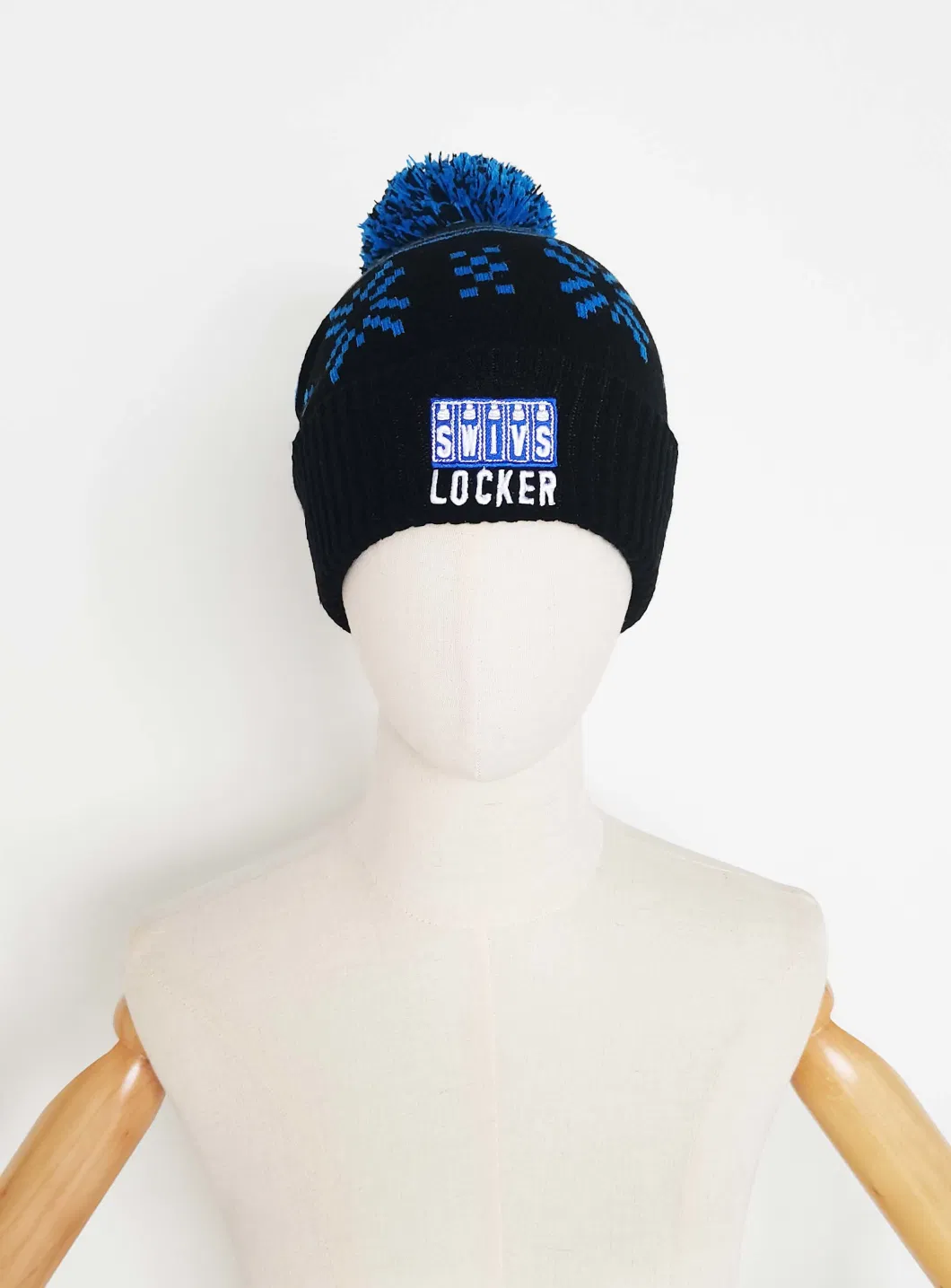 Kid Winter Warm Stylish Embroidery Logo Constrast-Color Pompom Knitted Hat