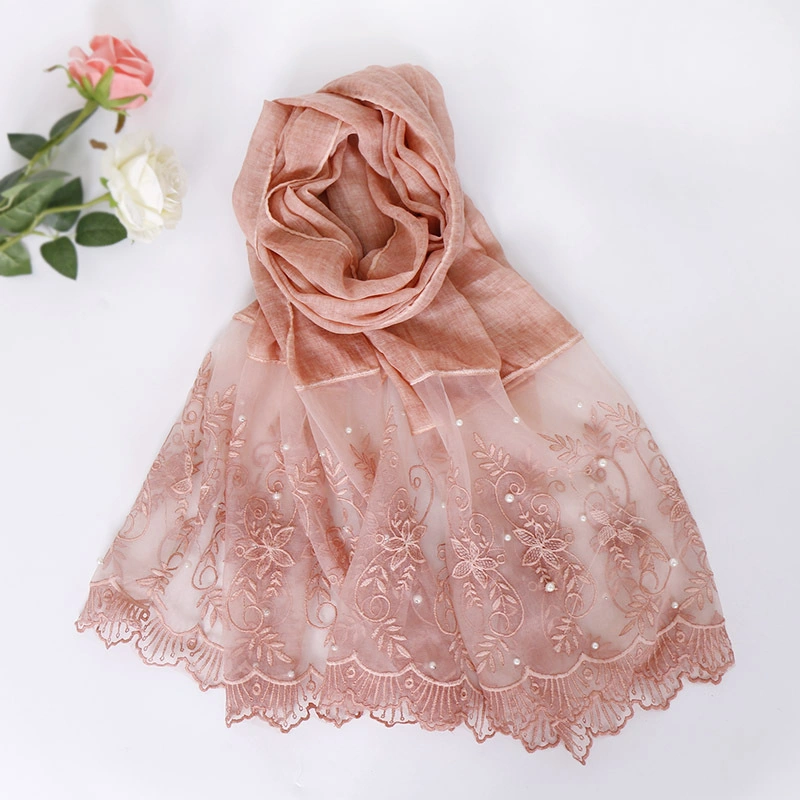 New Style Cotton Lace Fashion Nail Pearl Comfortable Custom Solid Color Polyester Hijab Shawl Lady Scarf