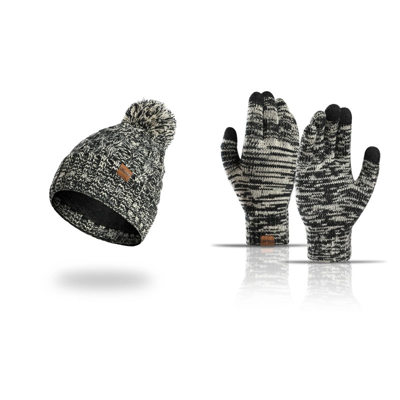 Autumn Winter Knitted Wool Thickened Touch Screen Three-Piece Set Hats Gloves Scarf