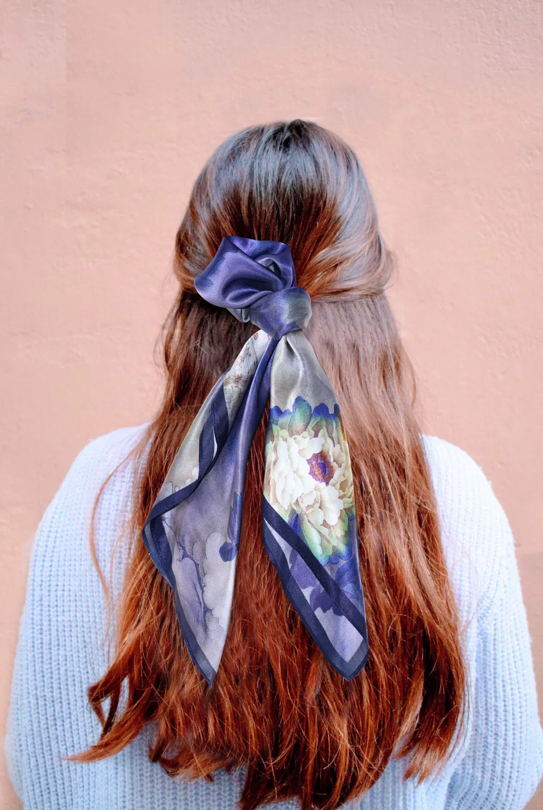 Elegant Purple Flower Printed Headscarf Women&prime;s Hair Band Real Silk Square Scarf