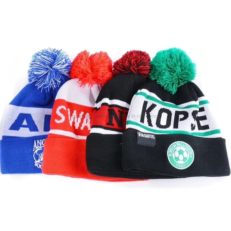 Customr Recycle Acrylic Bobble Sport Soccer Football Knit Pompom Jacquard Beanie Hat