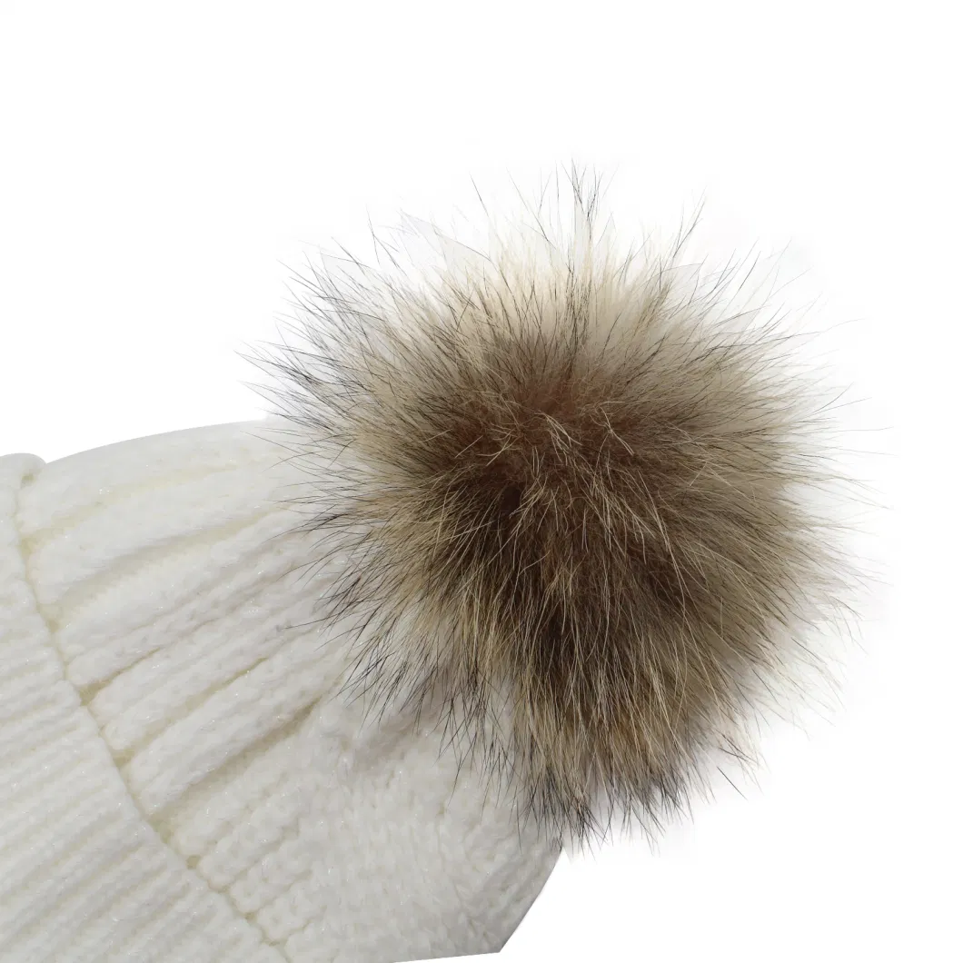 Cozy Winter White Knit Ribbed Cuff Beanie with Faux Fur POM