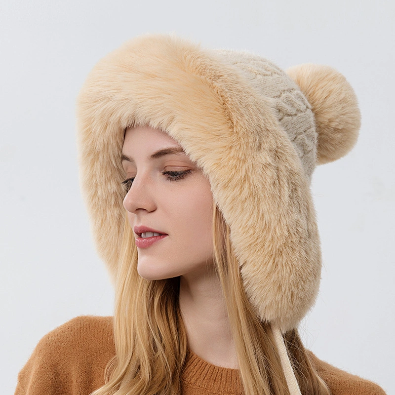 Women&prime;s Cute POM POM Knitted Beanie Hat Fluffy Woolen Winter Warm Hat