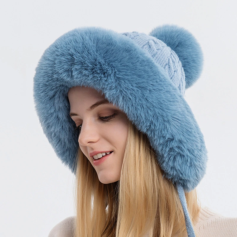 Women&prime;s Cute POM POM Knitted Beanie Hat Fluffy Woolen Winter Warm Hat