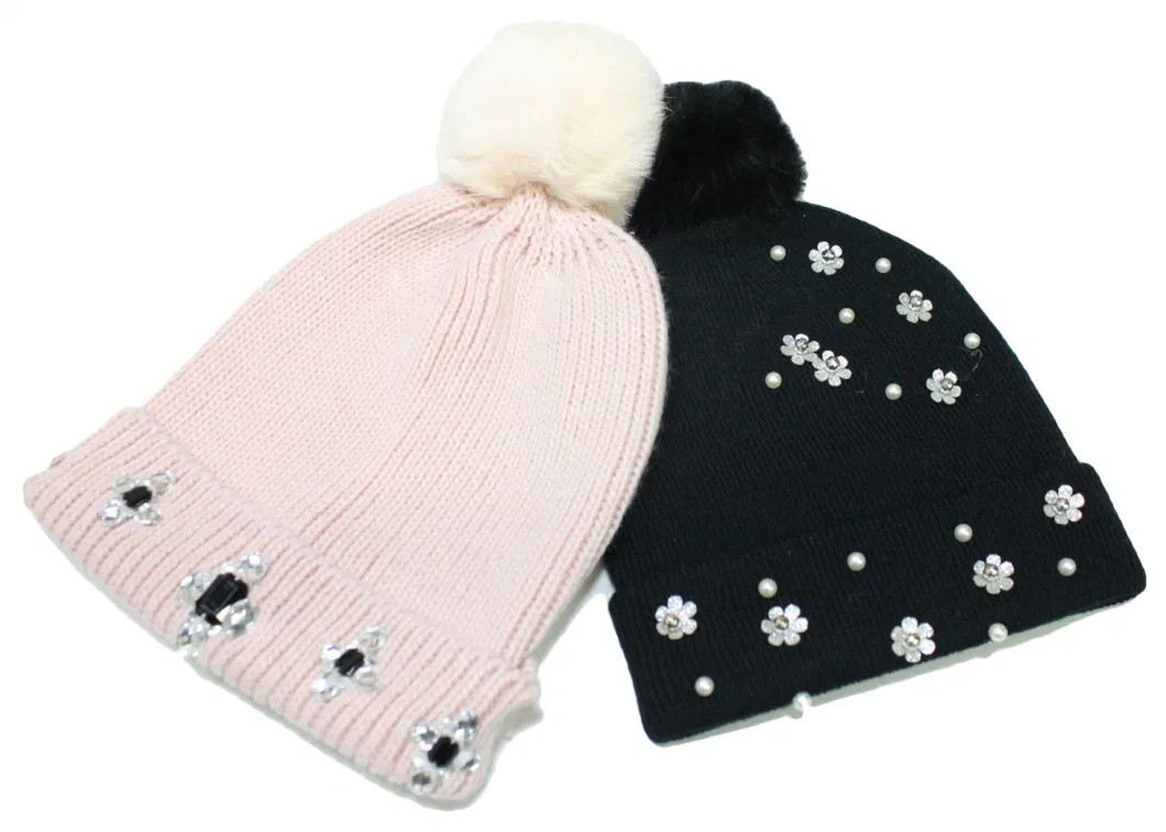 Knitting Hat with Decoration Stone Pompom Women Beanie Lady