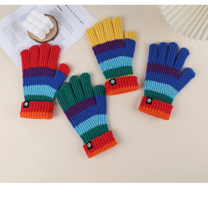 Colorful Rainbow Stripes Style Fashion Soft Warmer Winter Long Wholesale High Quality Sheepskin Wool Knitting Gloves