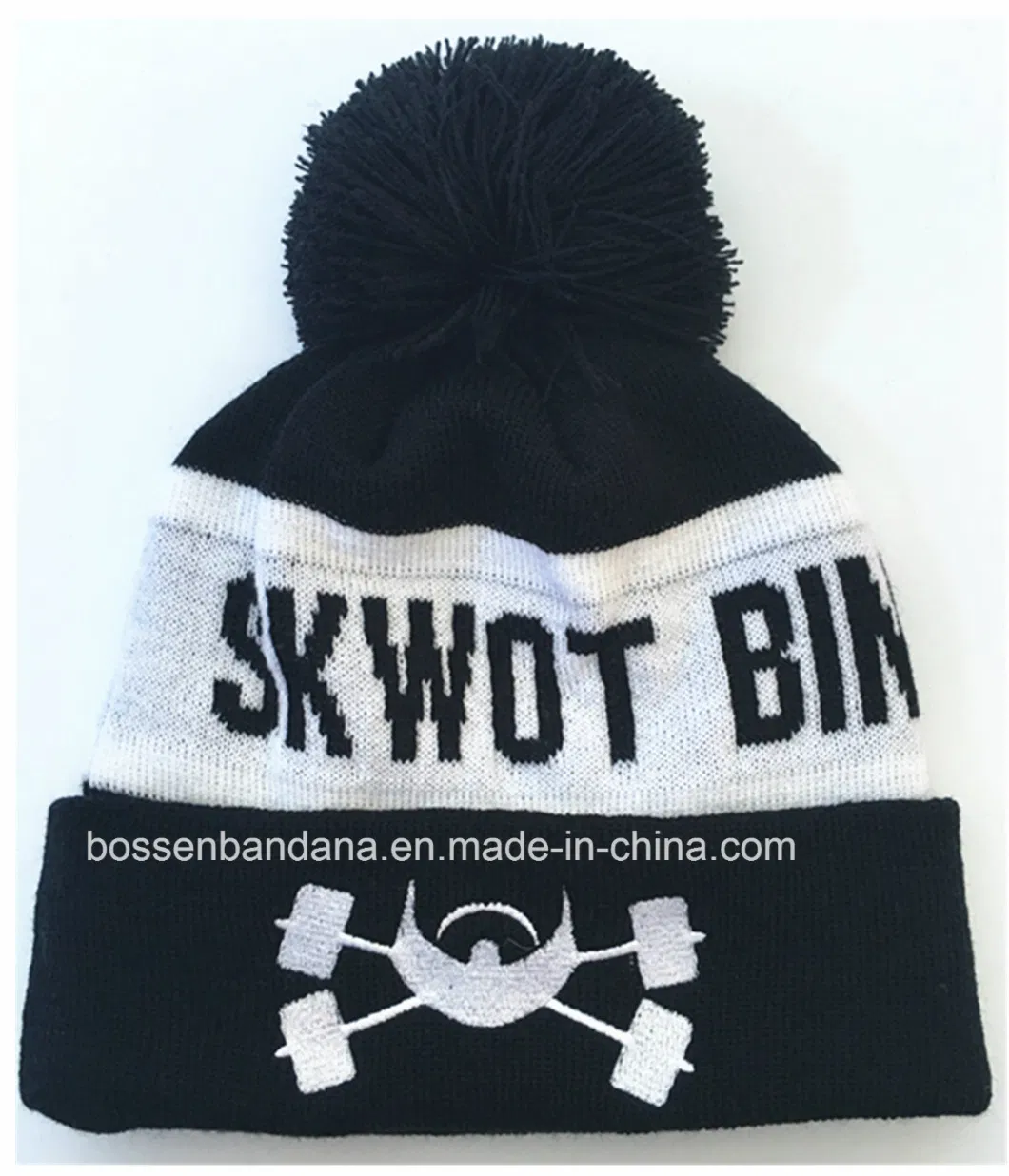 Factory Produce Customized Logo Embroidered Black Acrylic Pompom Beanie Hat