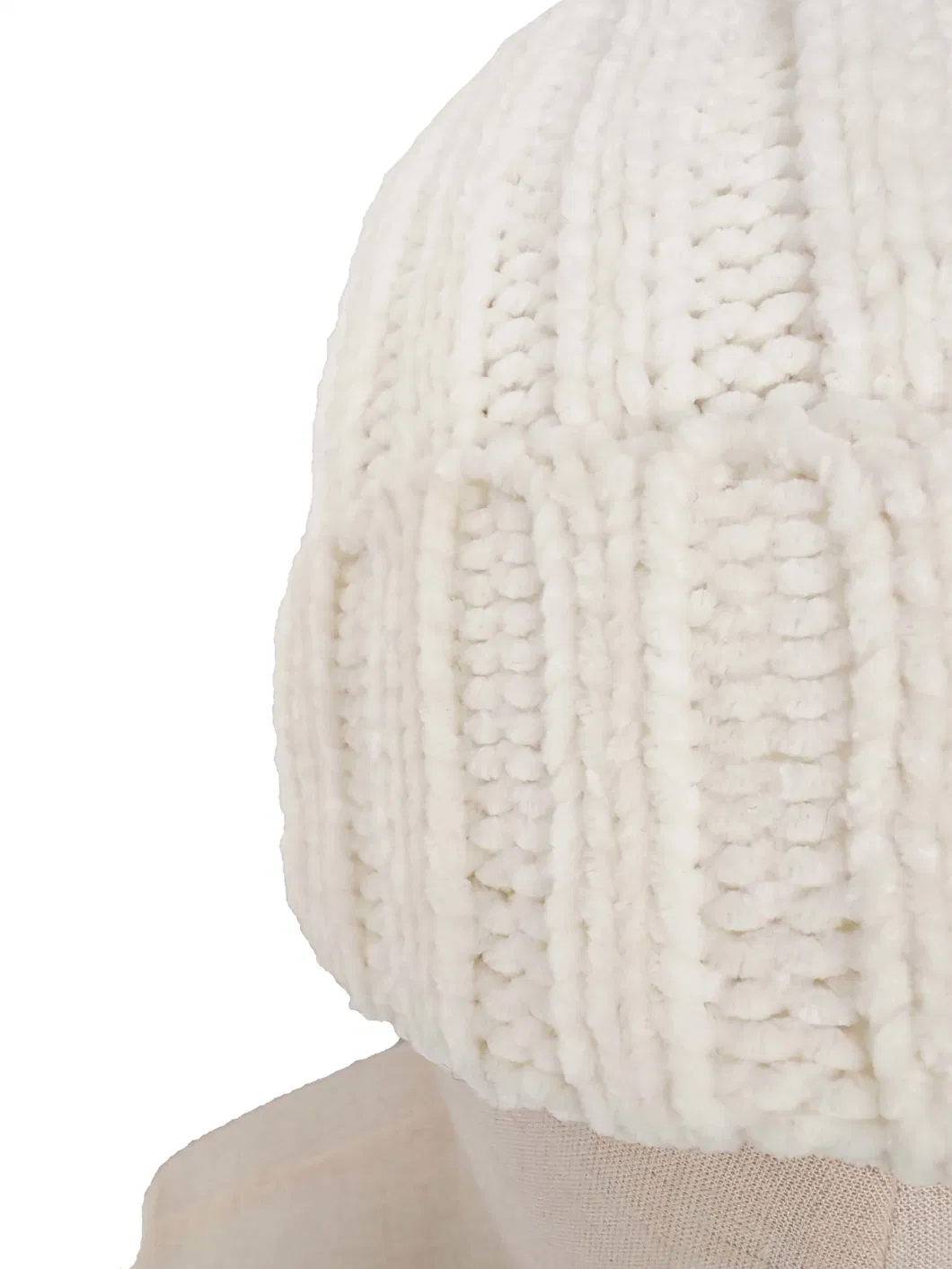 Winter Ladies Fashion White Soft Chenille Pompom Stretch Knitted Hat