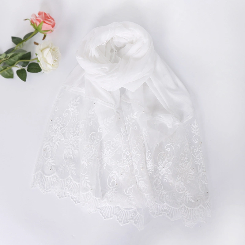 New Style Cotton Lace Fashion Nail Pearl Comfortable Custom Solid Color Polyester Hijab Shawl Lady Scarf