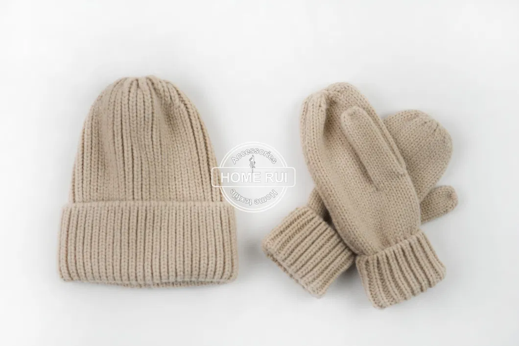 High Quality Wool Soft Thermal Winter Knitted Wholesale Chunky Custom Logo Fisherman Beanie Hats and Mittens