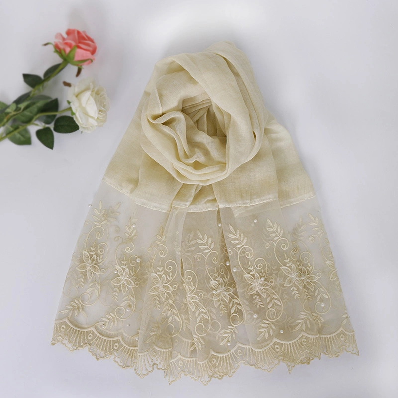 New Style Cotton Lace Fashion Nail Pearl Comfortable Custom Solid Color Polyester Hijab Shawl Lady Scarf