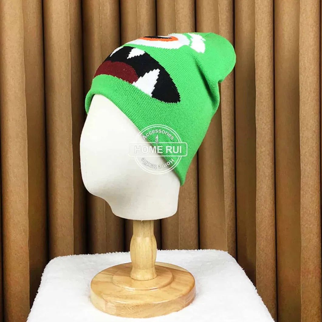 Reversible Cartoon Hats Winter Children Kids Knit Custom Logo Monster Eyes Feather Teeth Face Jacquard Acrylic Skull Cap Beanies