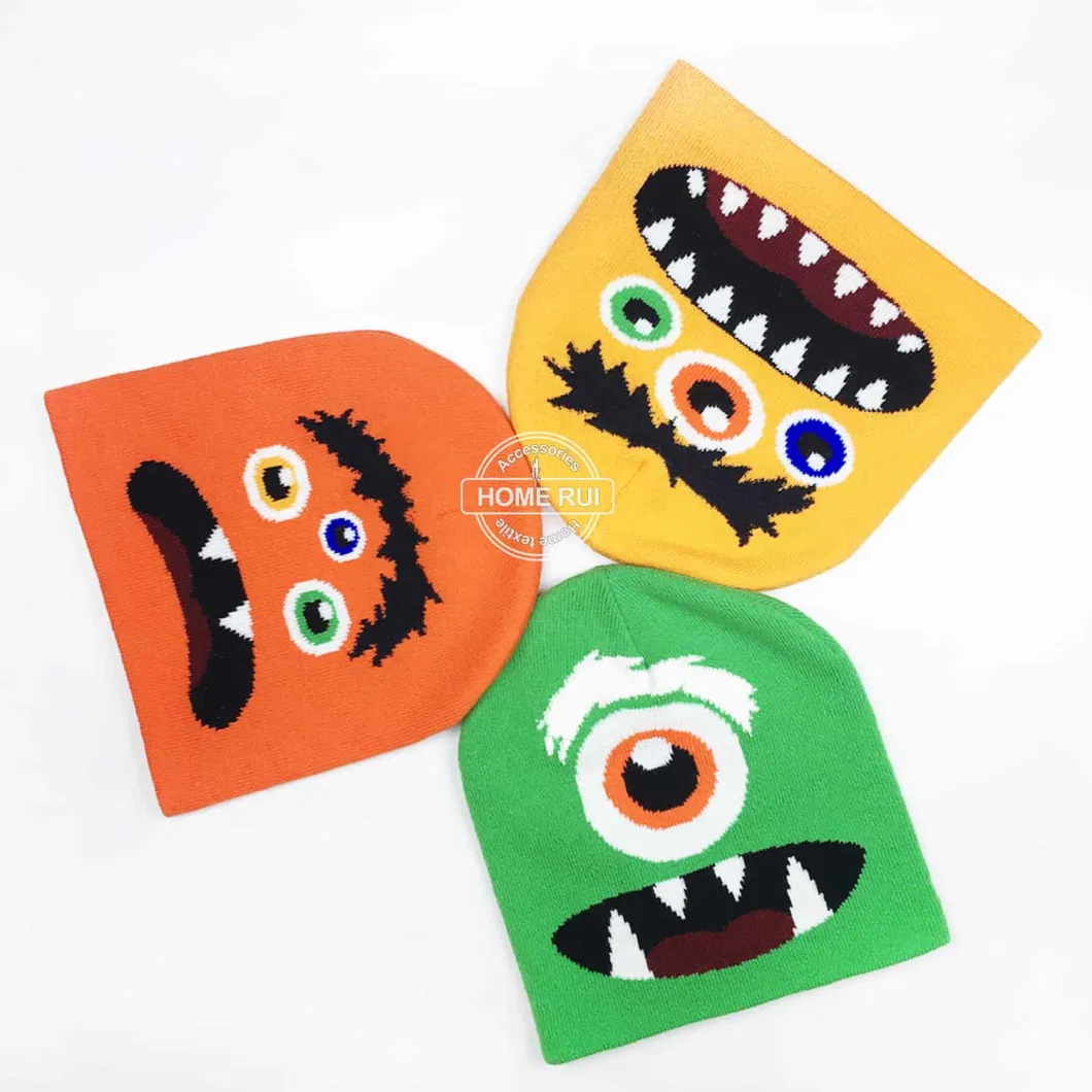 Reversible Cartoon Hats Winter Children Kids Knit Custom Logo Monster Eyes Feather Teeth Face Jacquard Acrylic Skull Cap Beanies