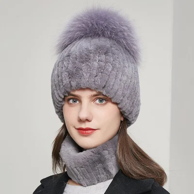Cappello di moda maglia da donna con Fox POM POM Set di cappello e sciarpa a colori Mutiple, copricapo e pelliccia di coniglio Pelliccia volpe