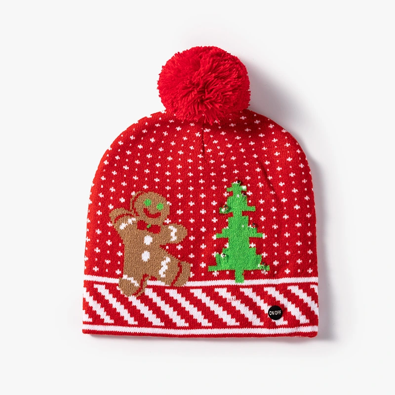 Processing Custom Christmas LED Light Knitted Hat with Hair Ball with Colorful Light Decoration Christmas Jacquard Wool Hat
