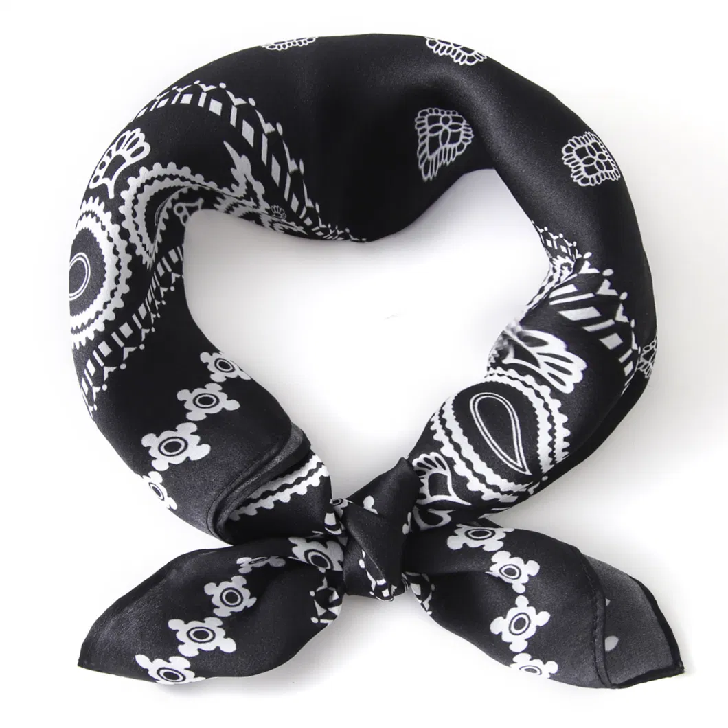 Fashion 100% Pure Silk 53*53cm Black White Paisley Printed Square Bandana Scarf