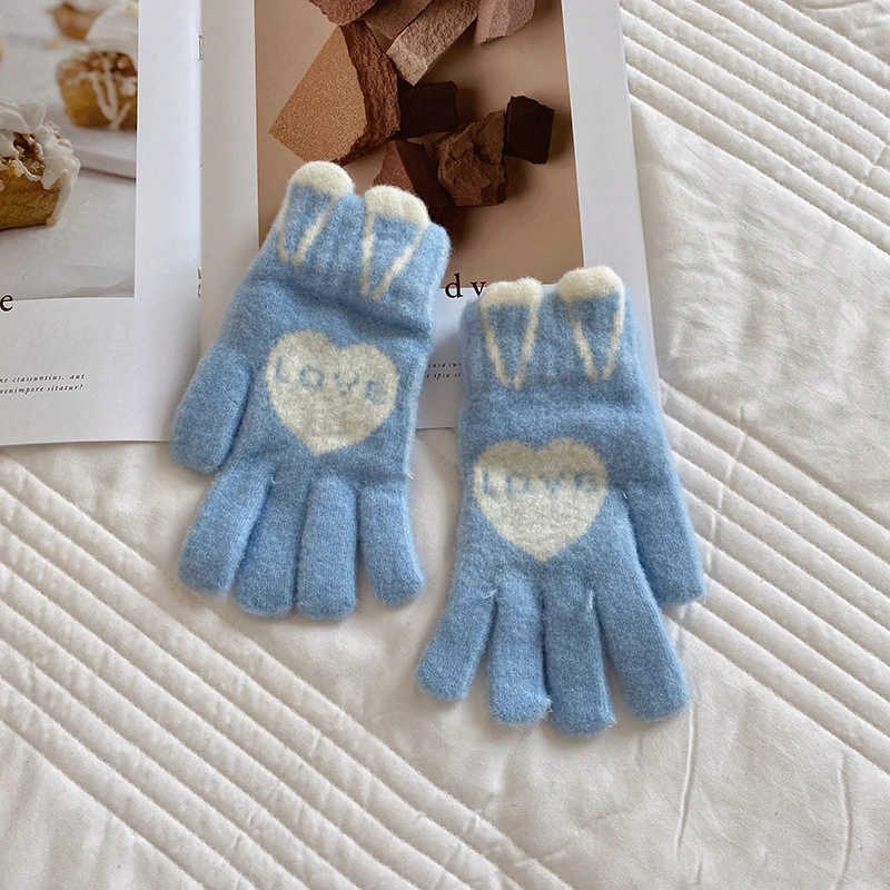 Women Winter Student Cute Rabbit-Ears Split Five-Fingers Riding Windproof Touch-Screen Warm Gloves