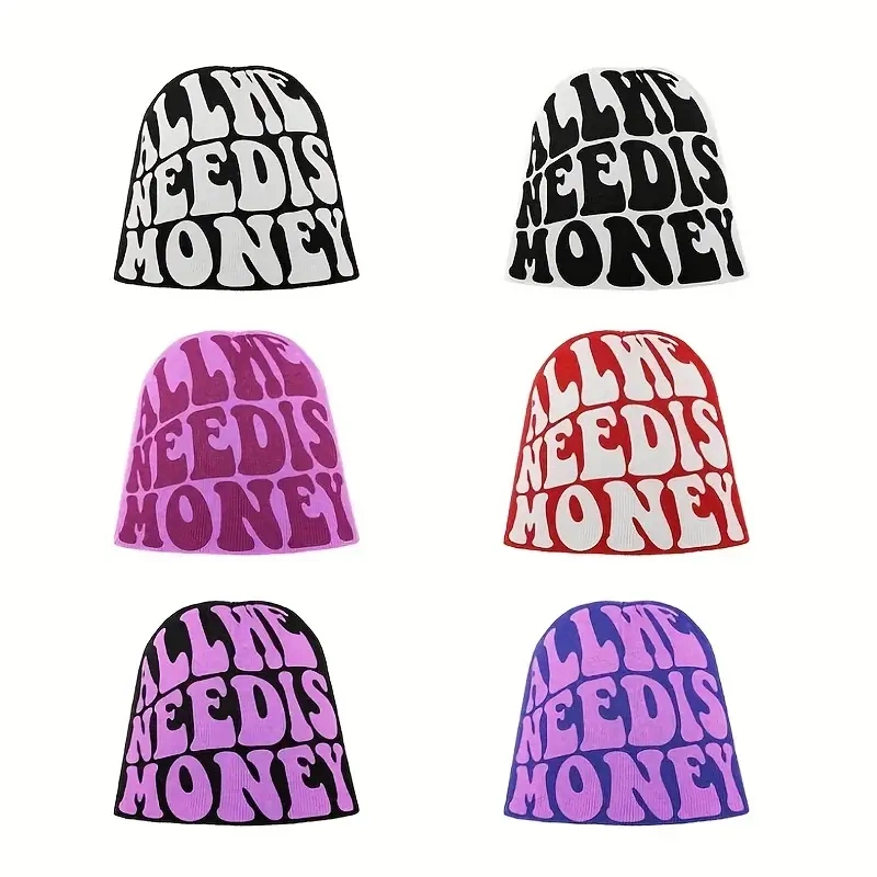 Unisex Letter Jacquard Y2K Beanie All We Need Is Money Hip Hop Knit Hat Warm Skull Cap Elastic Couple Beanies Ski Hats for Women Men