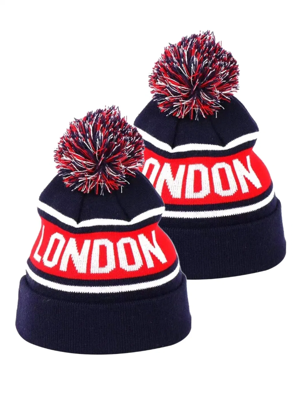 Custom Logo Jacquard Big Letters Knitted Cuff Wholesale Custom Striped POM POM Beanies Hat