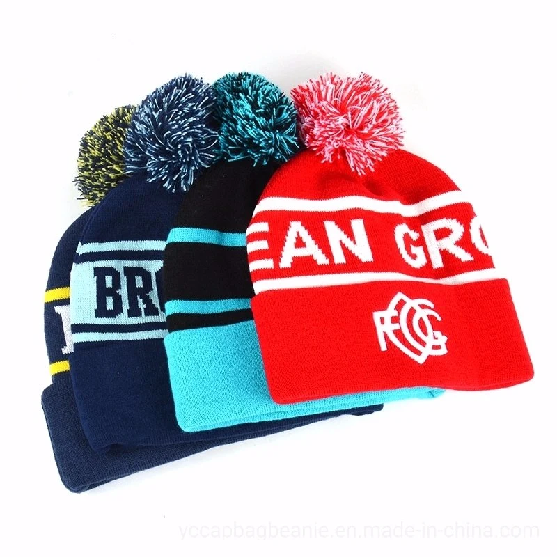 Customr Recycle Acrylic Bobble Sport Soccer Football Knit Pompom Jacquard Beanie Hat