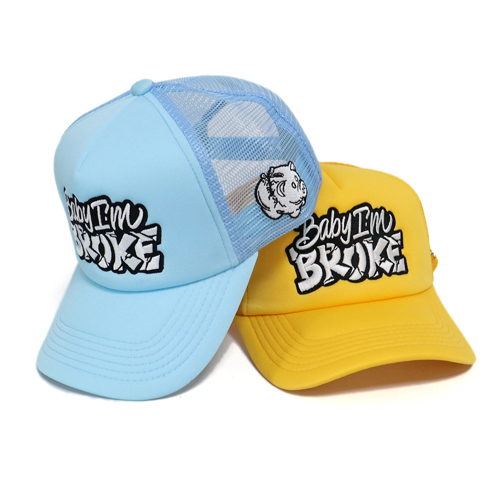 Personalized Breathable 5-Panel Yellow and Blue Foam Trucker Hat Embroidered Custom Logo