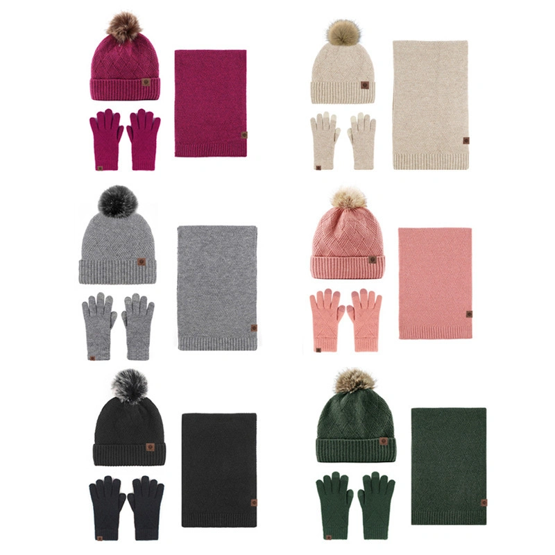 Winter New Grey Women Wool Kint Hat Scarf Snd Gloves Three Sets