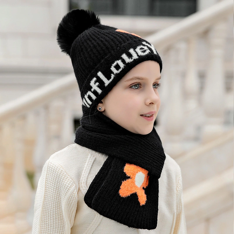 2 in 1 Scarf and Hat Set Girls&prime; Jacquard Winter Warm POM POM Woolen Beanie Hat