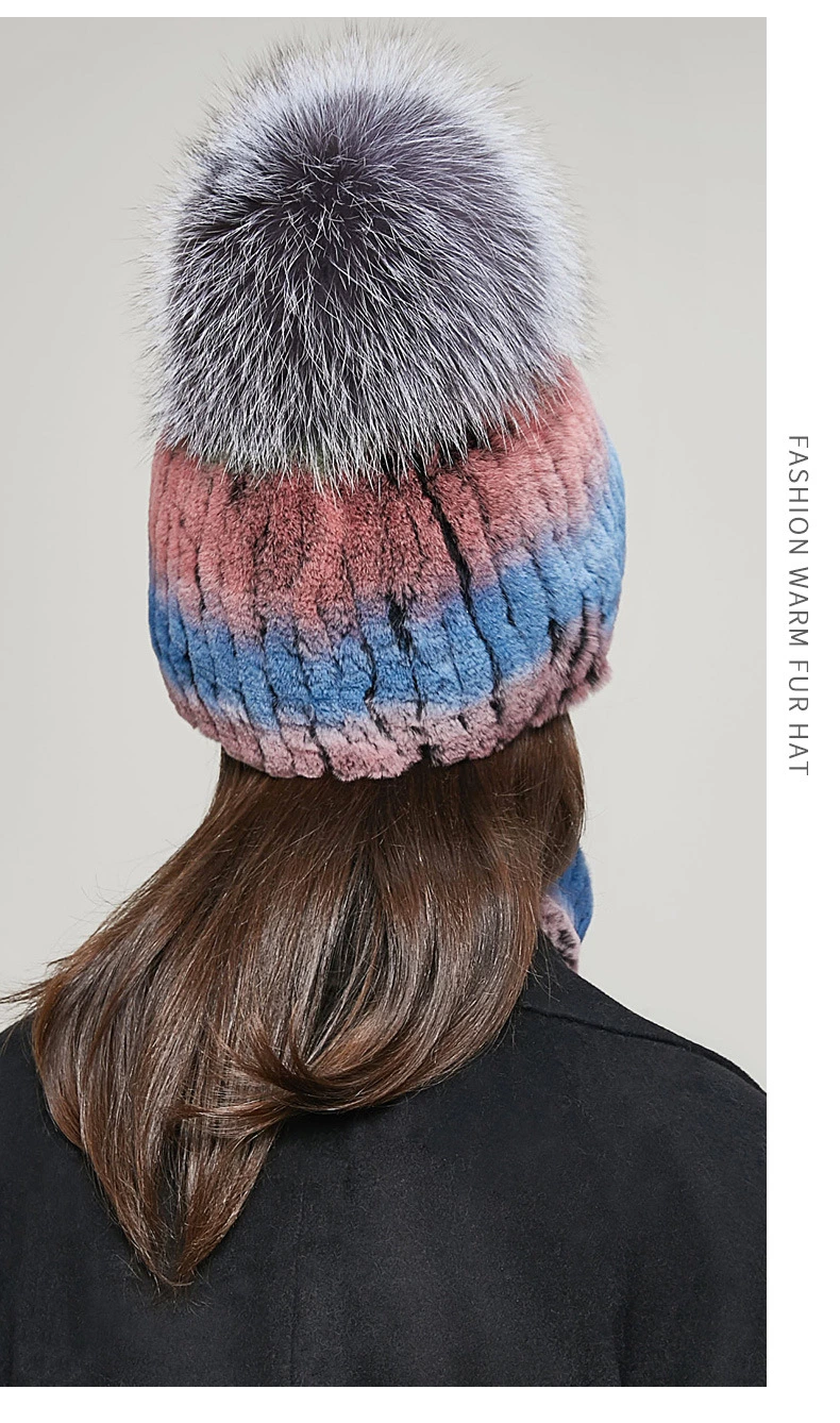 Fashion Hat Women&prime;s Knit Mink Beanie with Fox POM POM Mutiple Color Hat &amp; Scarf Set Otter and Rabbit Fur Fox Fur