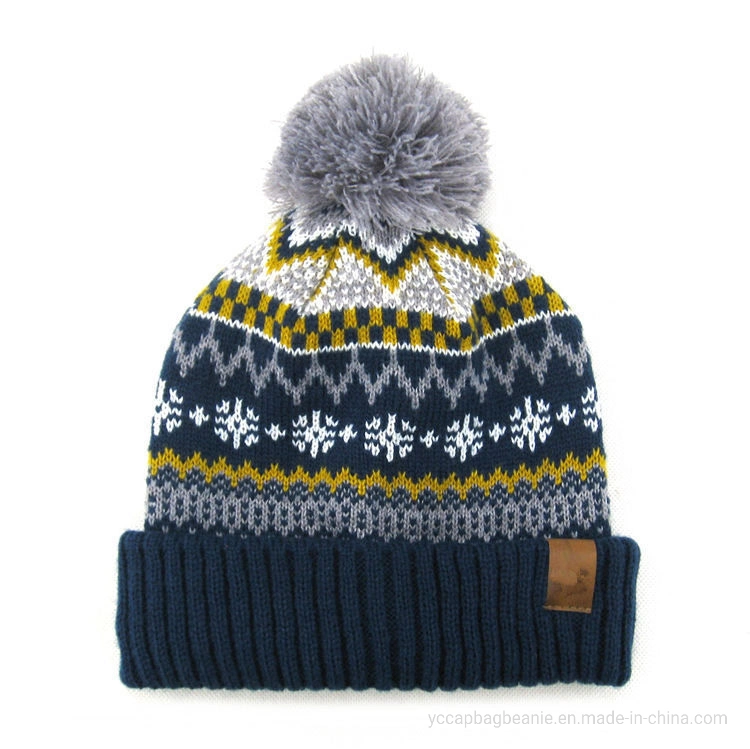 Acrylic Winter Snow Bobble Leather Knitted Hat Beanie Cap