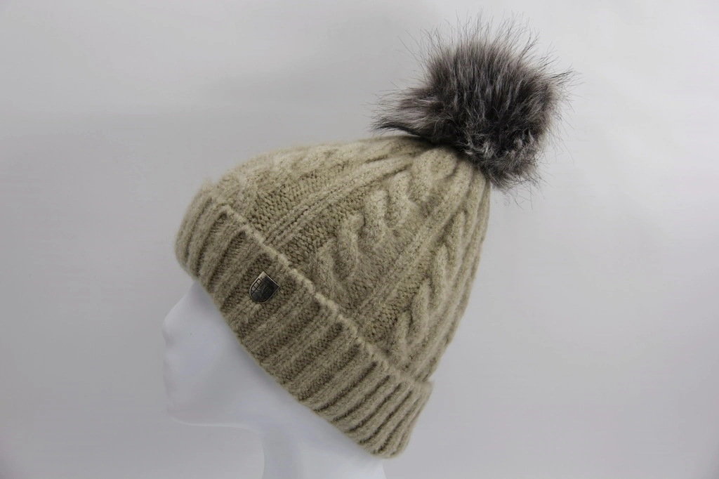 Knitted Child Winter Hat with Faux Fur Pompon Cuff - Acrylic Single Layer