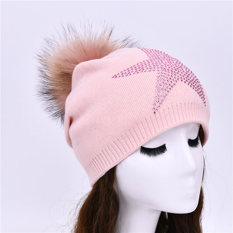 Bulk Wholesale Winter Keep Warm Beanie Women Men Wool Knitted Hat POM POM Beanies with Five-Pointed Star
