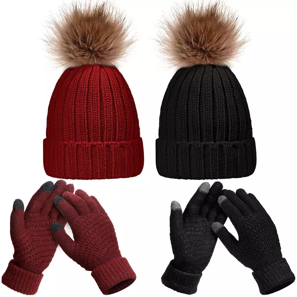 Women Winter Faux Fur POM POM Beanie Soft Balls Knitted Skullies Pompom Beanies Wholesale Winter Hats and Gloves