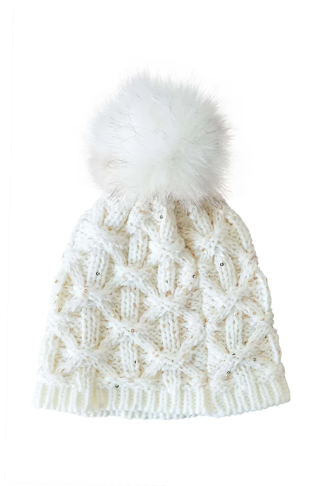 Winter Children Warm Pompom White Sequin Cable Knitted Beanie Hat