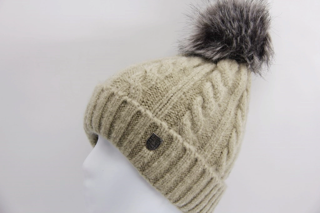 Knitted Child Winter Hat with Faux Fur Pompon Cuff - Acrylic Single Layer