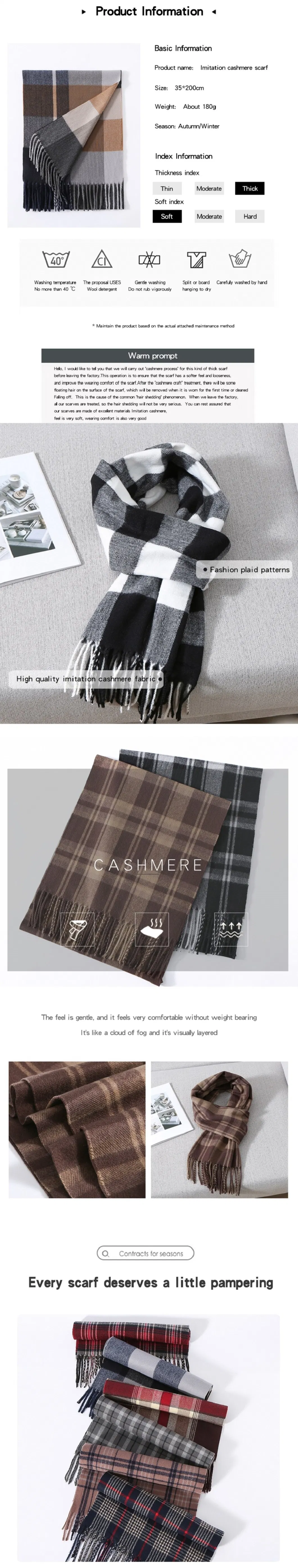 High Quality Custom Men Thick Winter Cashmere Scarf Fashion Plaid Pashmina Shawl Scarf with Tassel