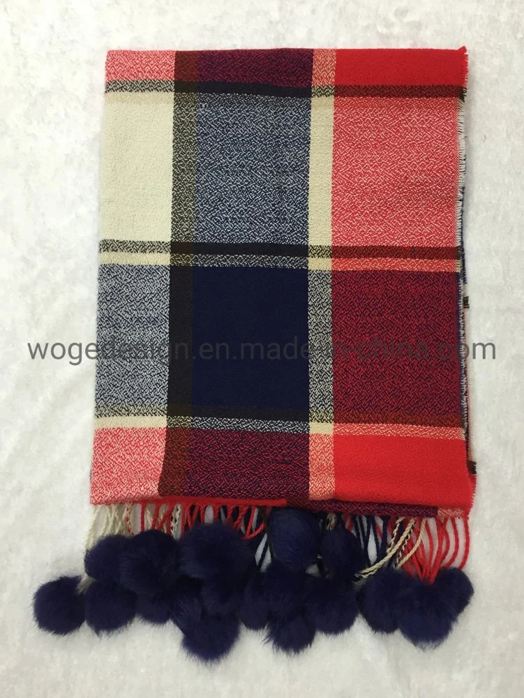 Top Sold Woge Supplier Wholesale Winter Femme Wrap Pashmina Other Shawl Acrylic Plaid Tartan Scarf with Rabbit Fur Pompoms