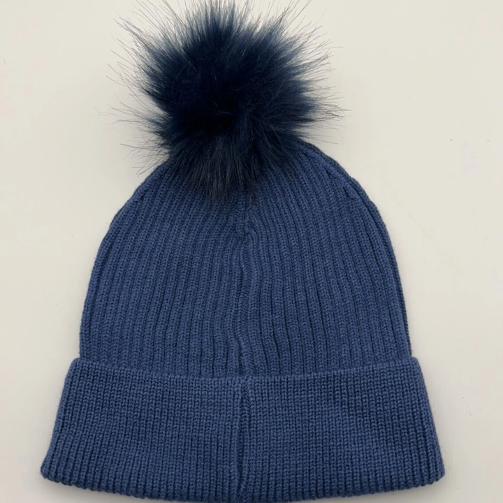 Girls Blue Cap Acrylic Black Cute Hat with Fake Fur Pompom