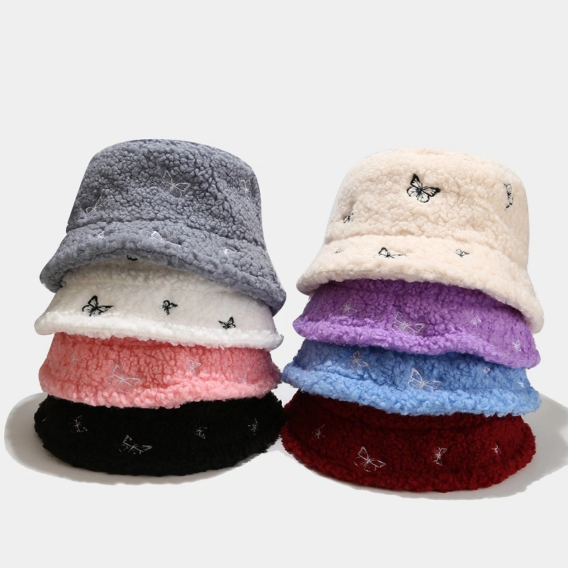 Winter Adults Fashion Embroidery Polar Fleece Fisherman Women Bucket Hat