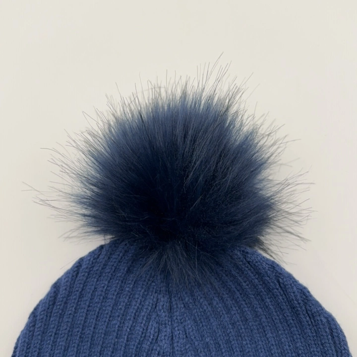 Girls Blue Cap Acrylic Black Cute Hat with Fake Fur Pompom