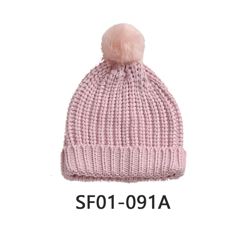 Women Winter Warm Custom Knitting Poly Fleece Parent-Child Beanie Hats Solid Color Knitted Hat for Girls with Faux Fur Pompom