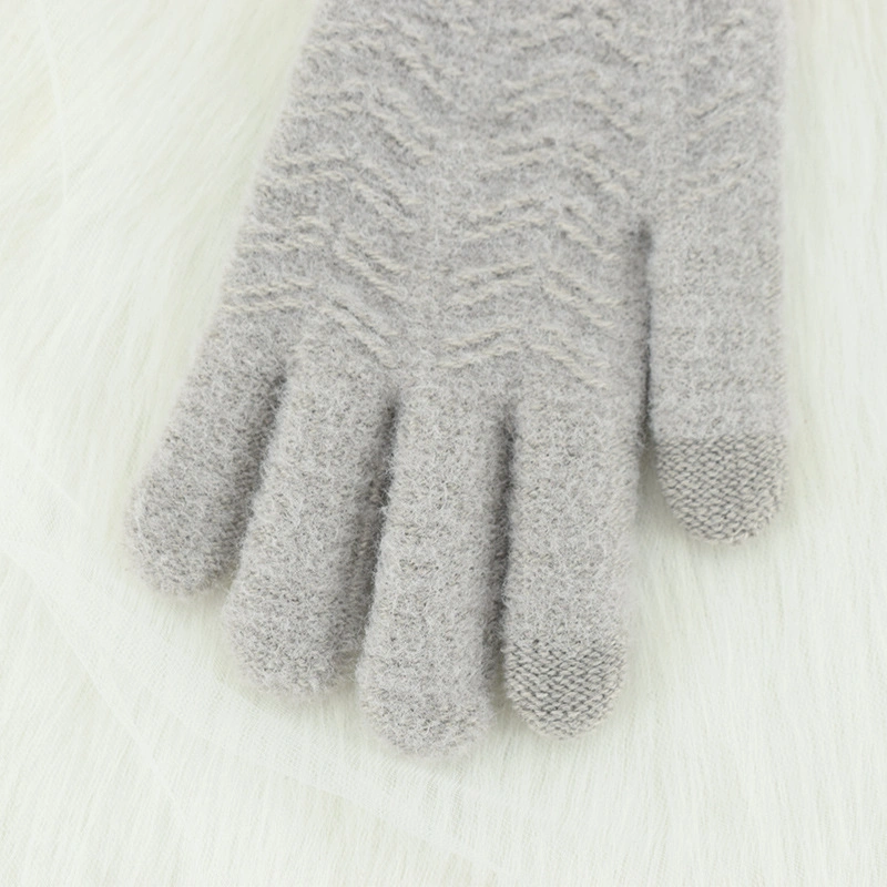 Women&prime;s Winter Knitted Plus Velvet Thickened Warm Touch Screen Five-Finger Wool Driving Outdoor Gloves