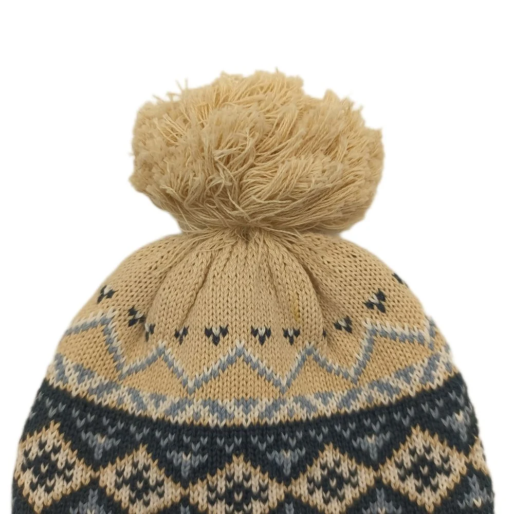 Baby Cap Boys Cotton Jacquard Knitted Hat with Polar Fleece Lining, Pompom and String