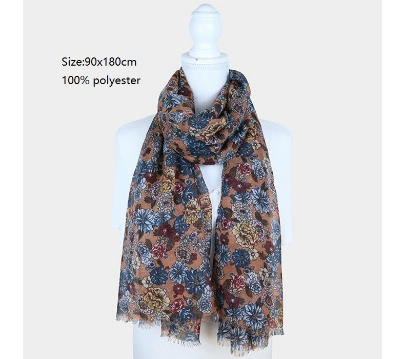 Ladies&prime; Flower Printing Beach Scarves Long Shawl Flora Print Hijab Lady Fashion Fringe Muffler Fashion Spring Light Weight Soft Vintage Scarf for Woman